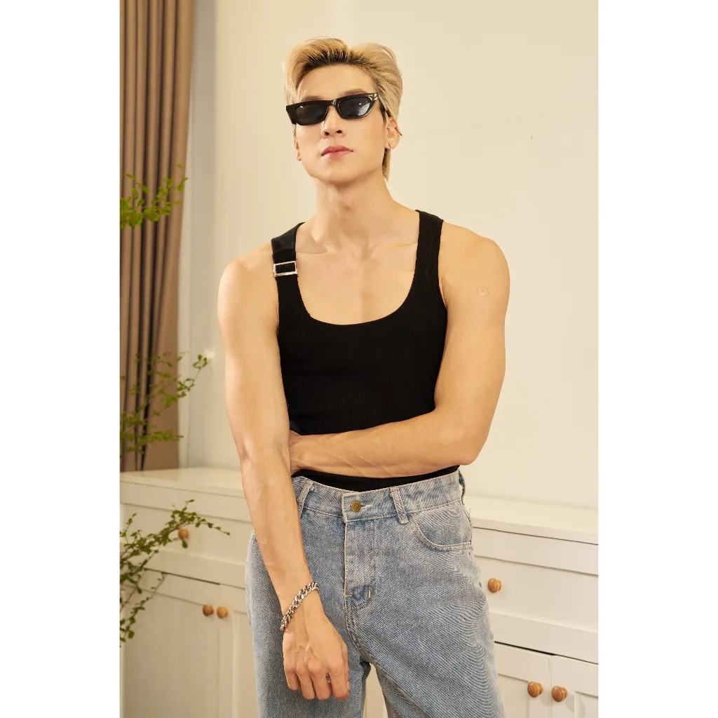 Ảnh Áo Thun Nam TankTop Ba Lỗ Cổ Vuông Dây Khoen Một Bên Form Body Thun Gân Cao Cấp Thương Hiệu Mr Twins 4