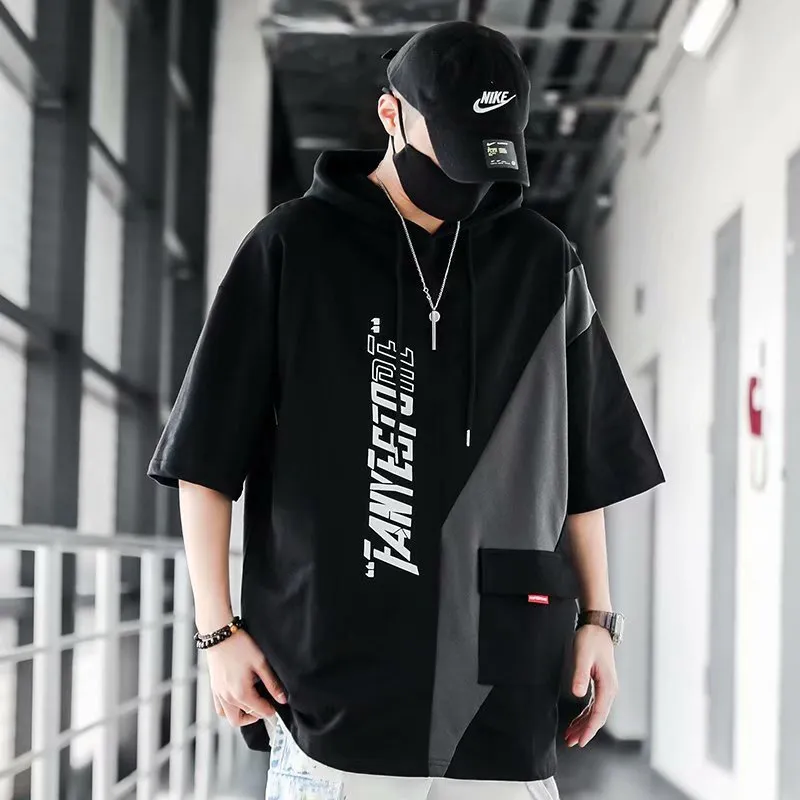 Ảnh Áo thun nam tay ngắn có mũ trùm đầu IELGY dáng rộng hip-hop khâu phù hợp 1