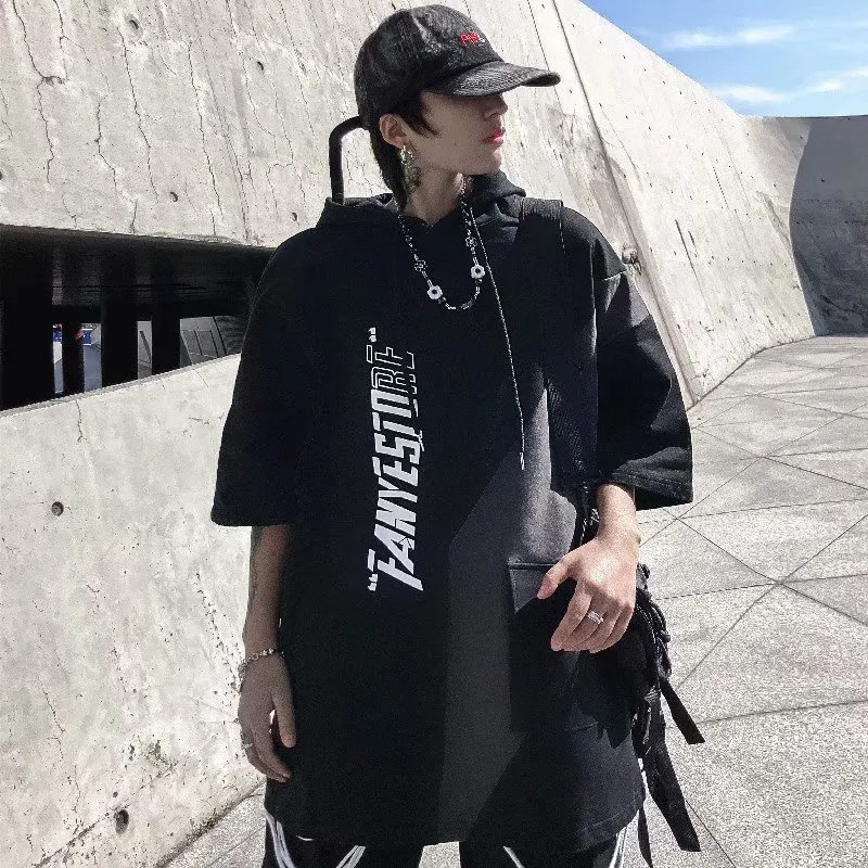 Ảnh Áo thun nam tay ngắn có mũ trùm đầu IELGY dáng rộng hip-hop khâu phù hợp 3