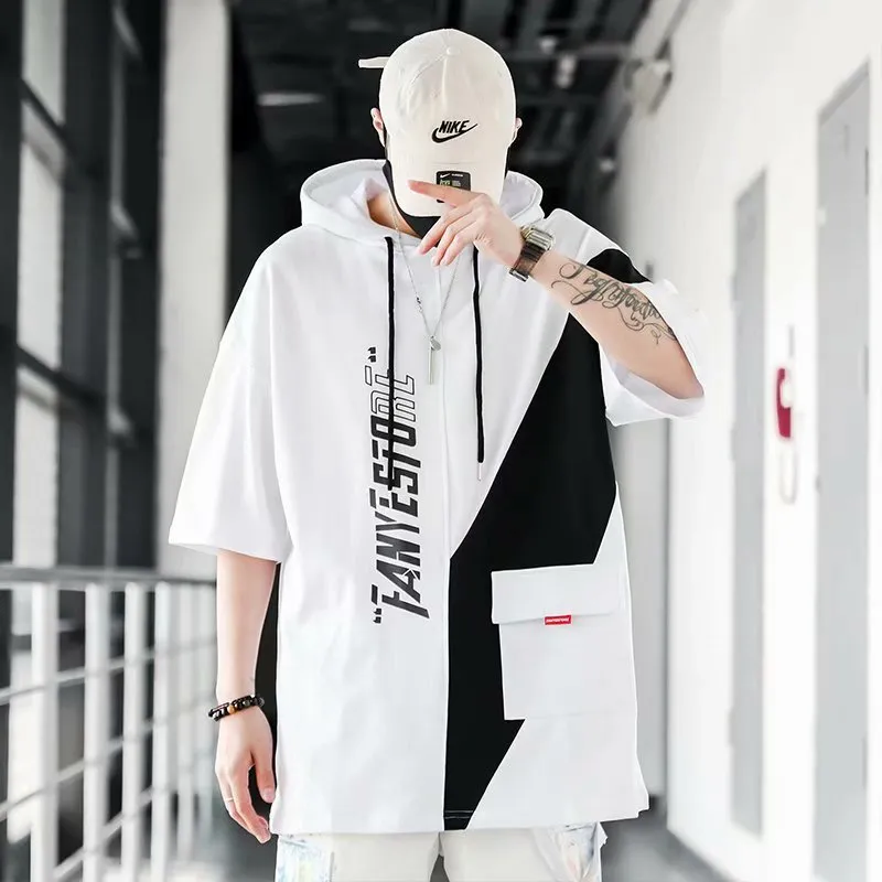 Ảnh Áo thun nam tay ngắn có mũ trùm đầu IELGY dáng rộng hip-hop khâu phù hợp 4