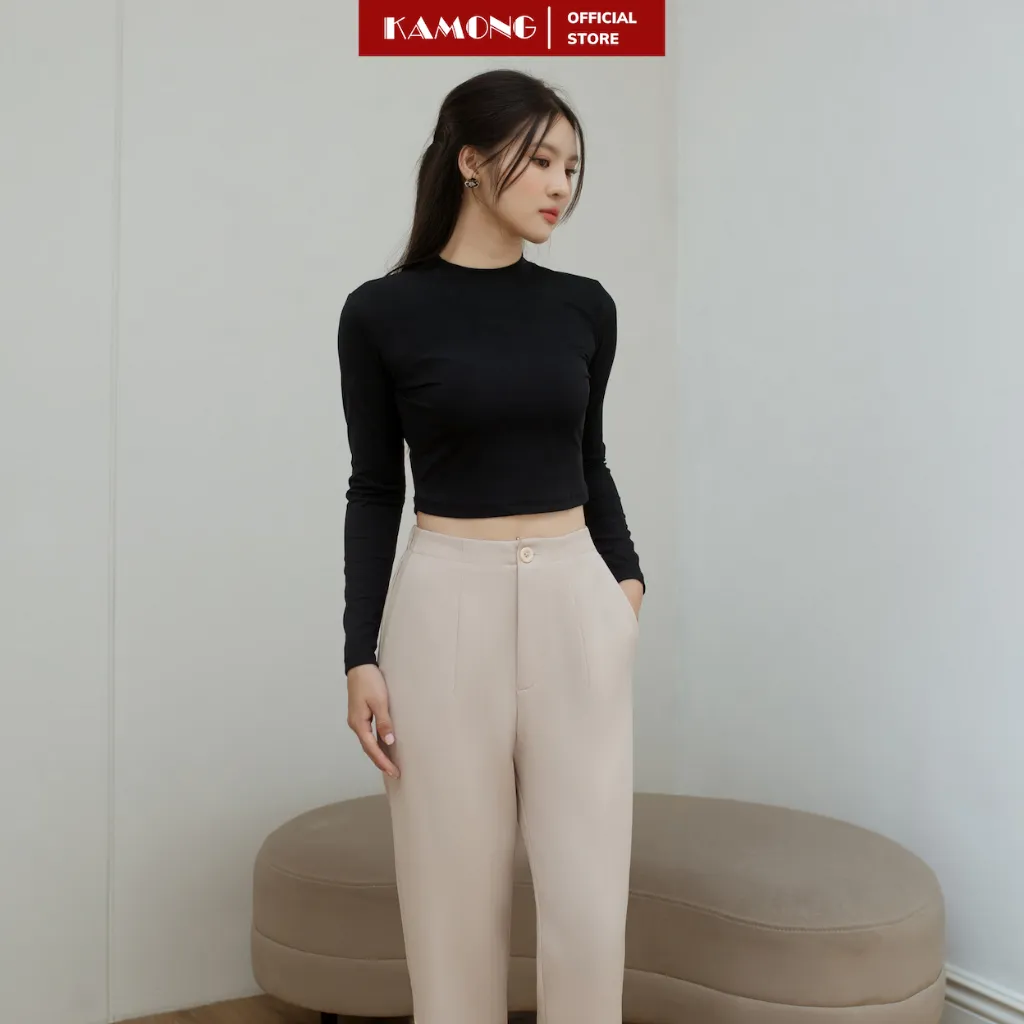Ảnh Áo thun nữ croptop tay dài cổ cao KAMONG chất liệu thun tăm A150 3