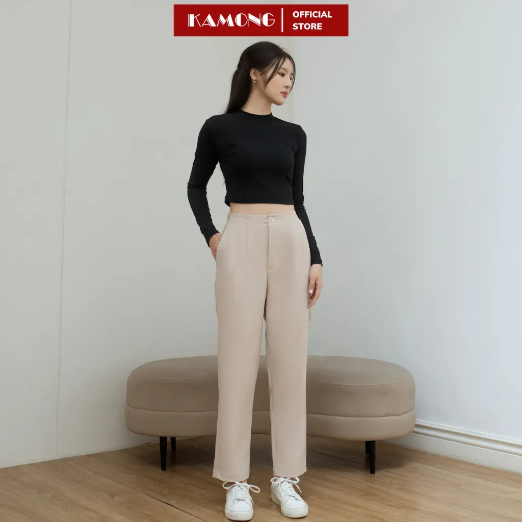 Ảnh Áo thun nữ croptop tay dài cổ cao KAMONG chất liệu thun tăm A150 4
