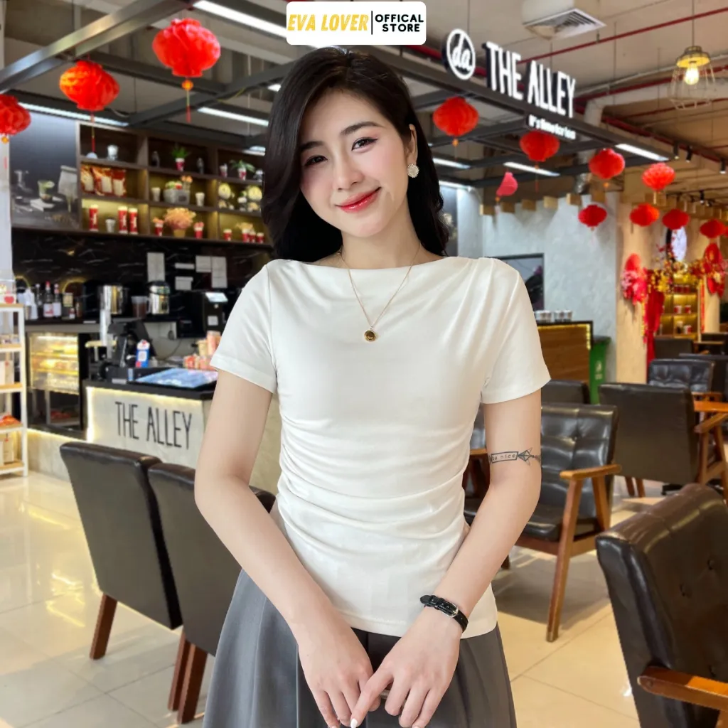 Ảnh Áo thun nữ lệch vai Evalover – Nhún eo gấu vát, vải cotton co giãn 4 chiều 2