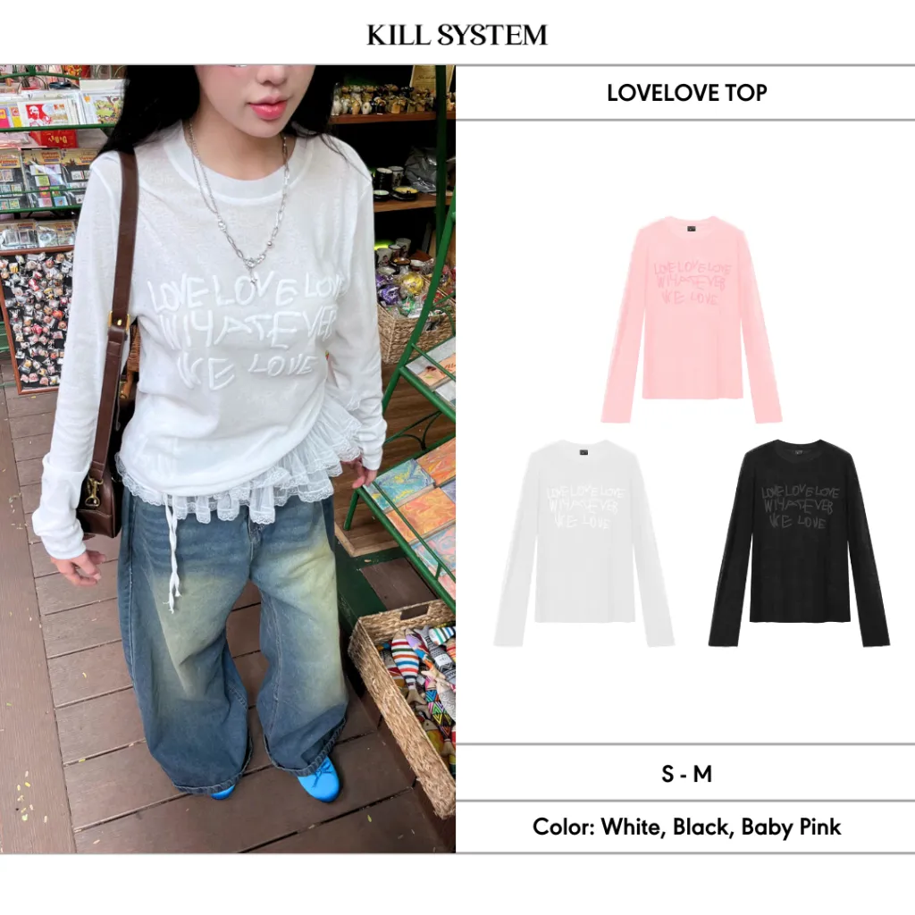 Ảnh 𝐊𝐈𝐋𝐋 𝐒𝐘𝐒𝐓𝐄𝐌 - Áo thun nữ mỏng nhẹ xuyên thấu tay dài  LOVELOVE in chữ nổi 1