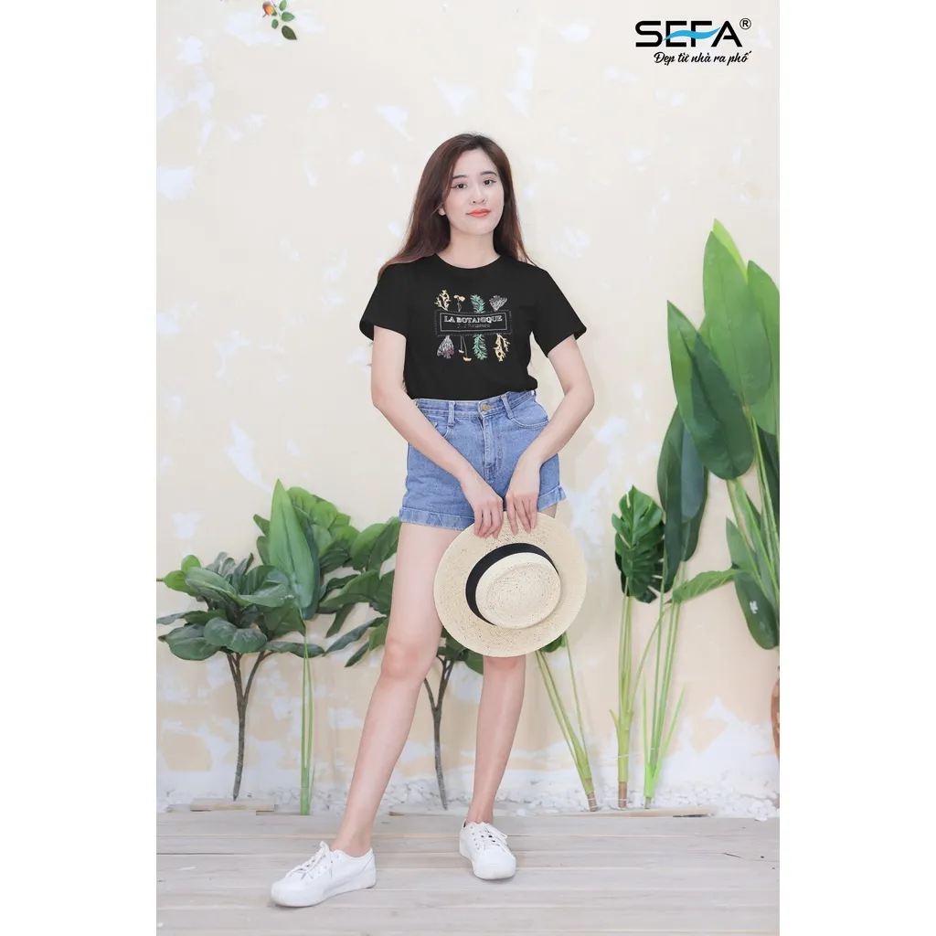 Ảnh Áo thun nữ SEFA cộc tay, in hình hoa lá 100% cotton thoáng mát 2