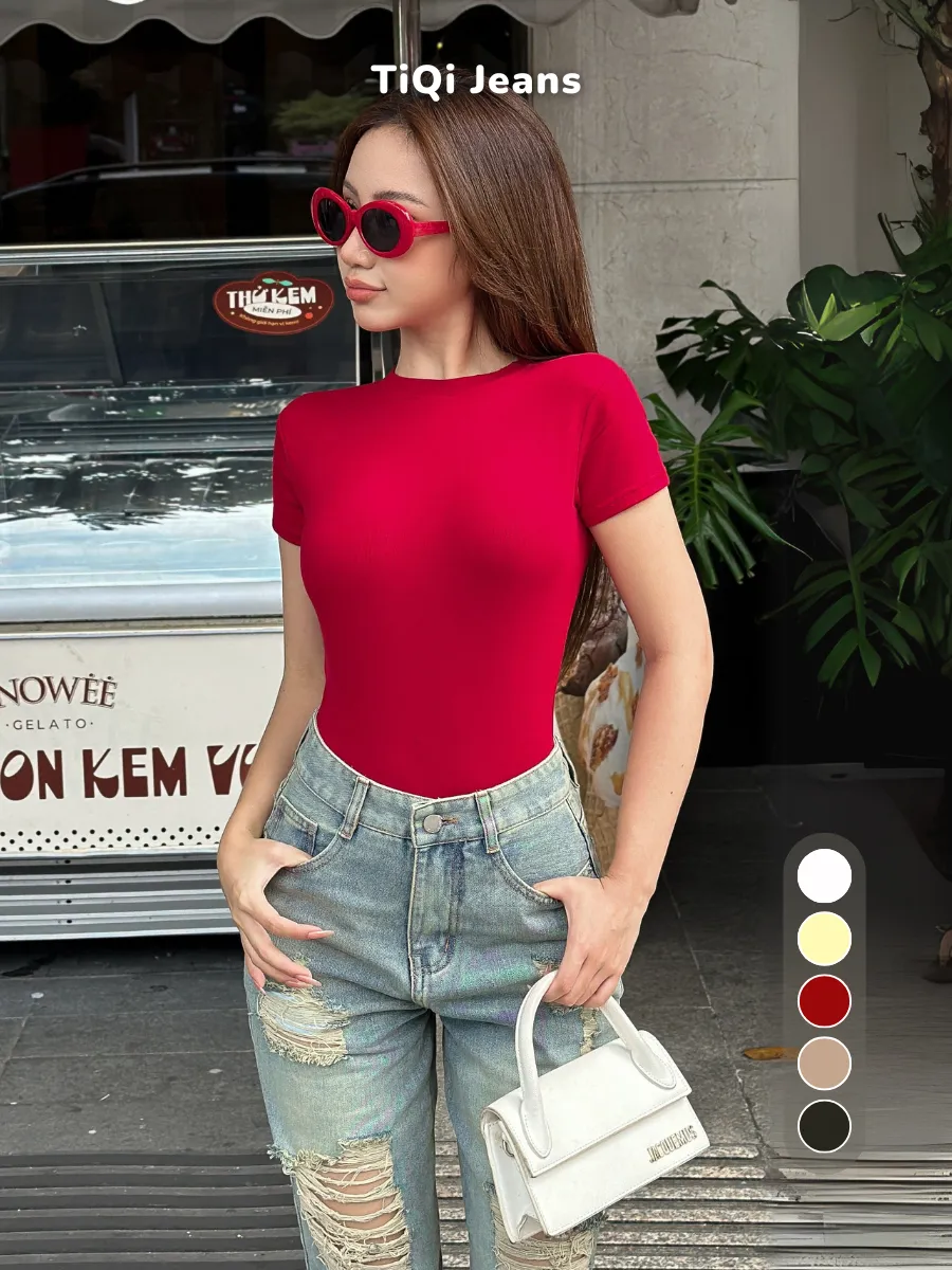 Ảnh Áo thun nữ trơn basic ôm body co giãn chất thun mịn TiQi Jeans nhiều màu A149 3
