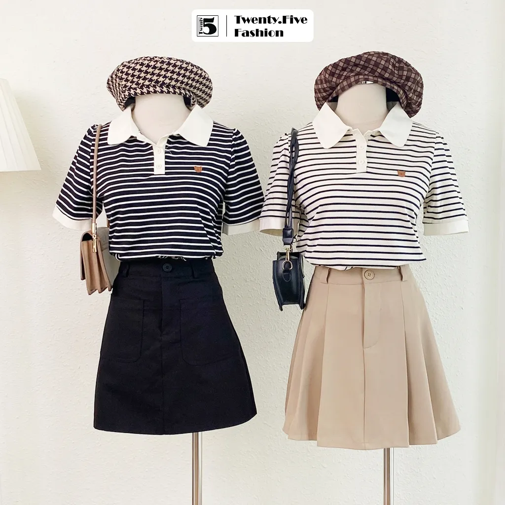 Ảnh Áo thun nữ Twentyfive có cổ ngắn tay họa tiết kẻ ngang phối viền trắng vải mắt chim thoáng mát 4730 1