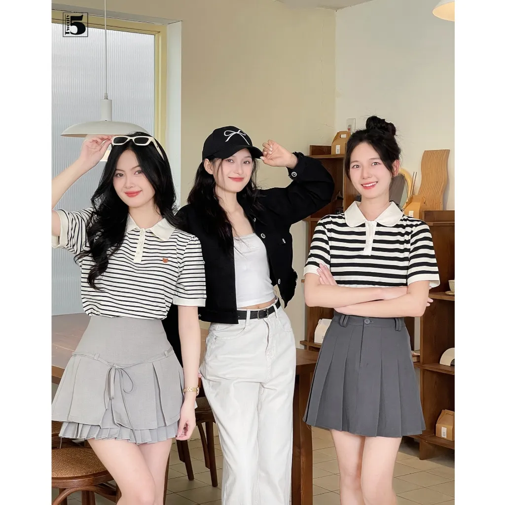 Ảnh Áo thun nữ Twentyfive có cổ ngắn tay họa tiết kẻ ngang phối viền trắng vải mắt chim thoáng mát 4730 4