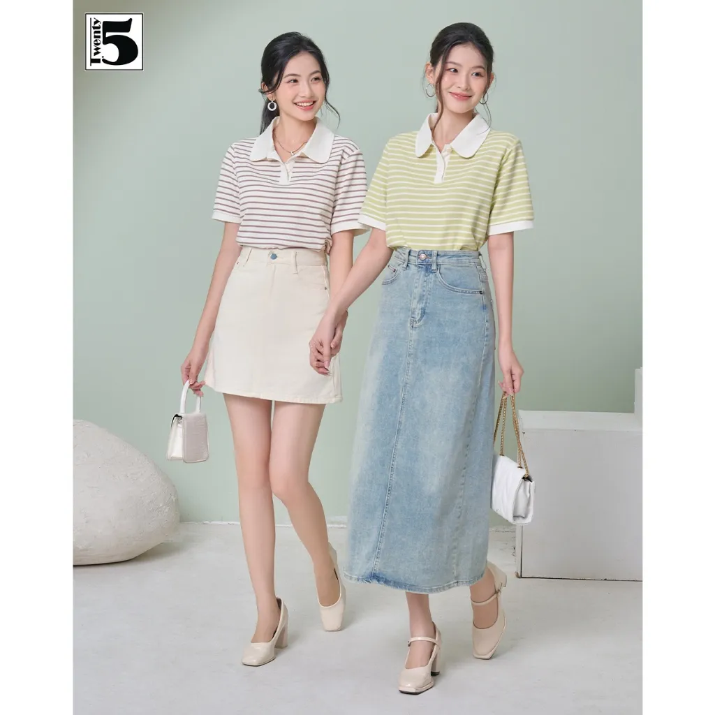 Ảnh Áo thun nữ Twentyfive có cổ dáng suông rộng ngắn họa tiết kẻ ngang vải mắt chim thấm hút 4827 2