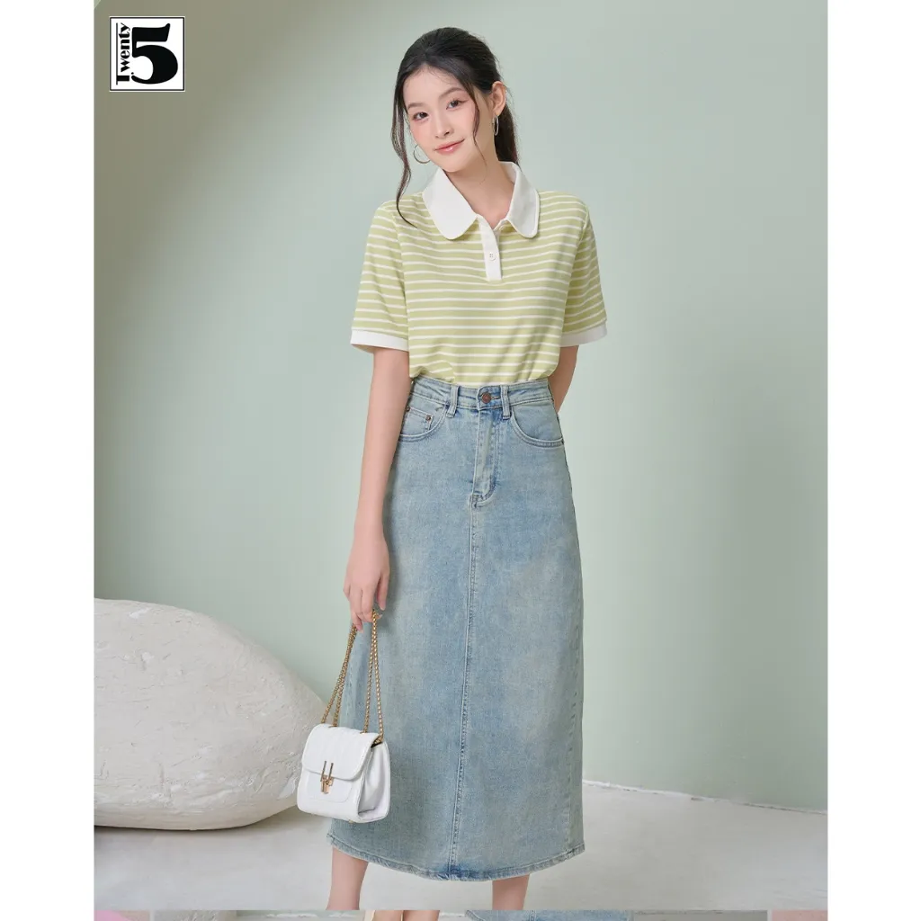 Ảnh Áo thun nữ Twentyfive có cổ dáng suông rộng ngắn họa tiết kẻ ngang vải mắt chim thấm hút 4827 3