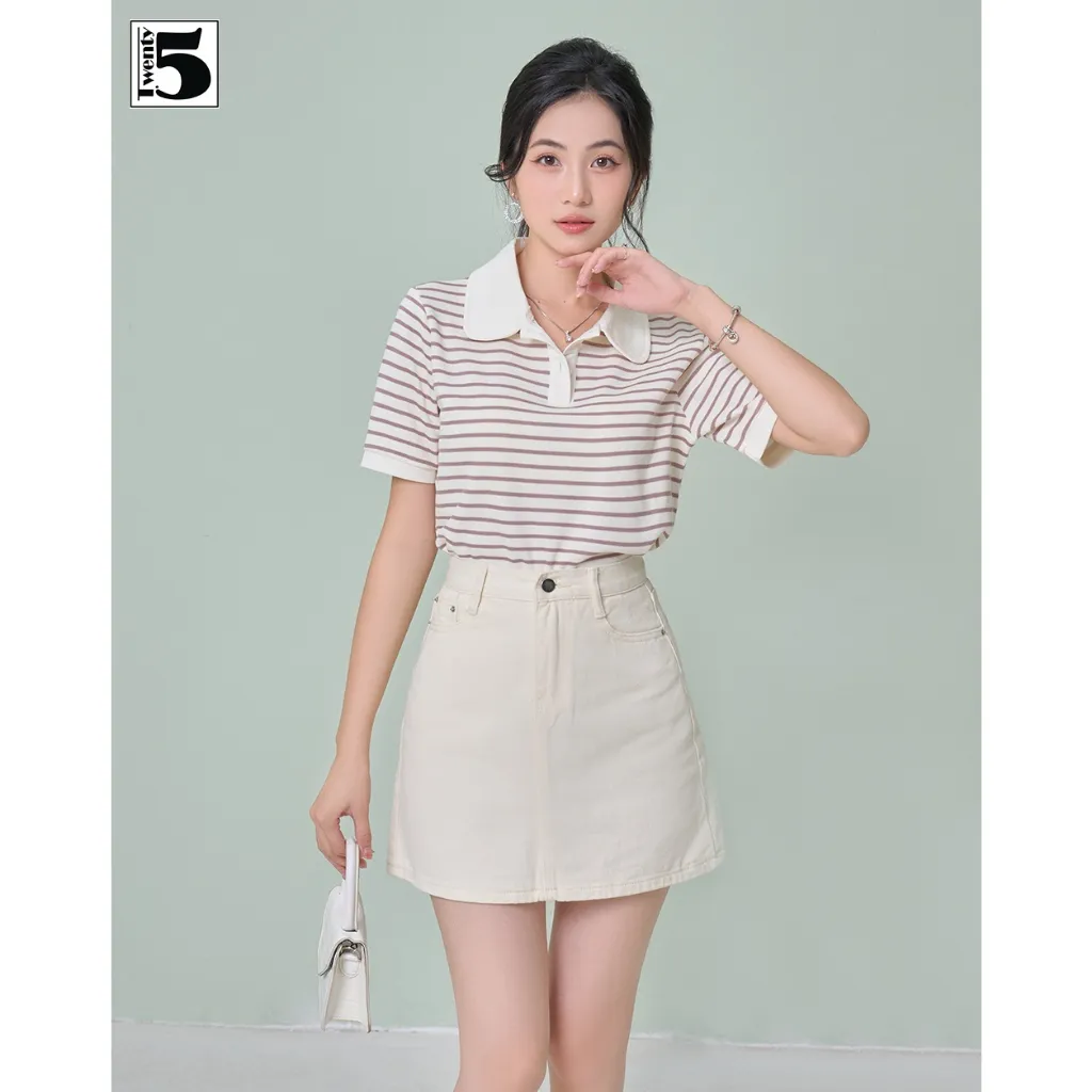 Ảnh Áo thun nữ Twentyfive có cổ dáng suông rộng ngắn họa tiết kẻ ngang vải mắt chim thấm hút 4827 4