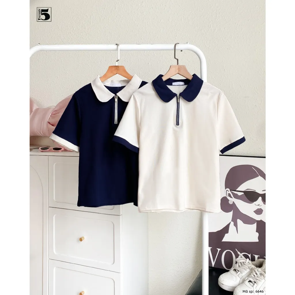 Ảnh Áo thun nữ Twentyfive thiết kế phối cổ polo dáng trơn, phối khóa kéo năng động 6646 4