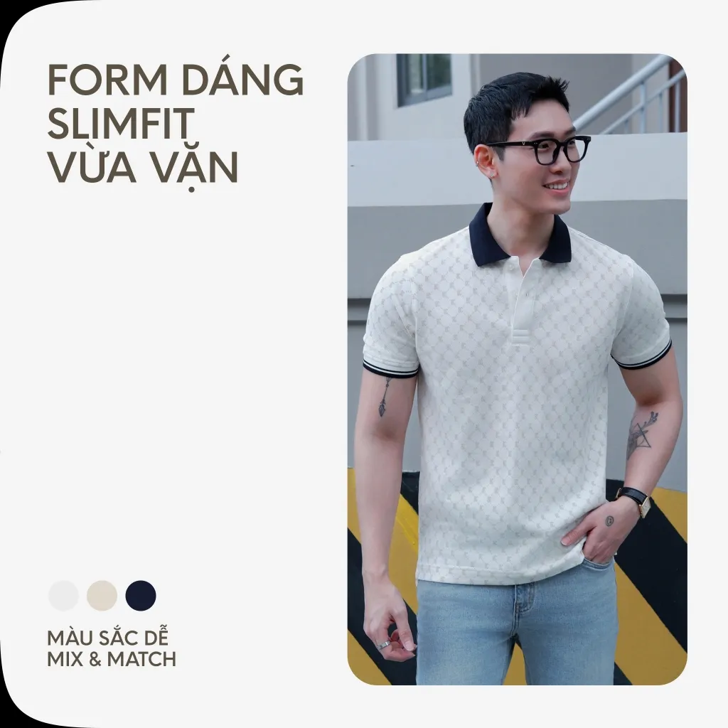 Ảnh Áo Thun Polo Nam By Cotton Cao Cấp Pique Trắng In Tràn Monogram BC 4