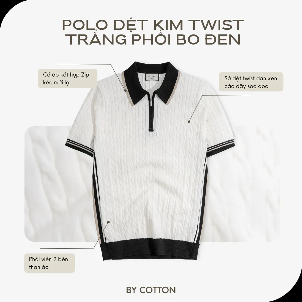 Ảnh Áo Thun Polo Nam By Cotton Cao Cấp Dệt Kim Twist - Trắng Phối Bo Đen 1