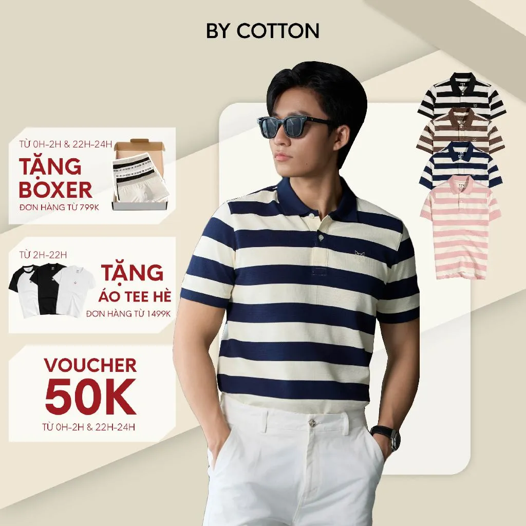 Ảnh Áo Thun Polo Nam Cao Cấp Stripes Fox Vải Gân, Sợi Spandex Chống Nhăn Multi Color BY COTTON 1