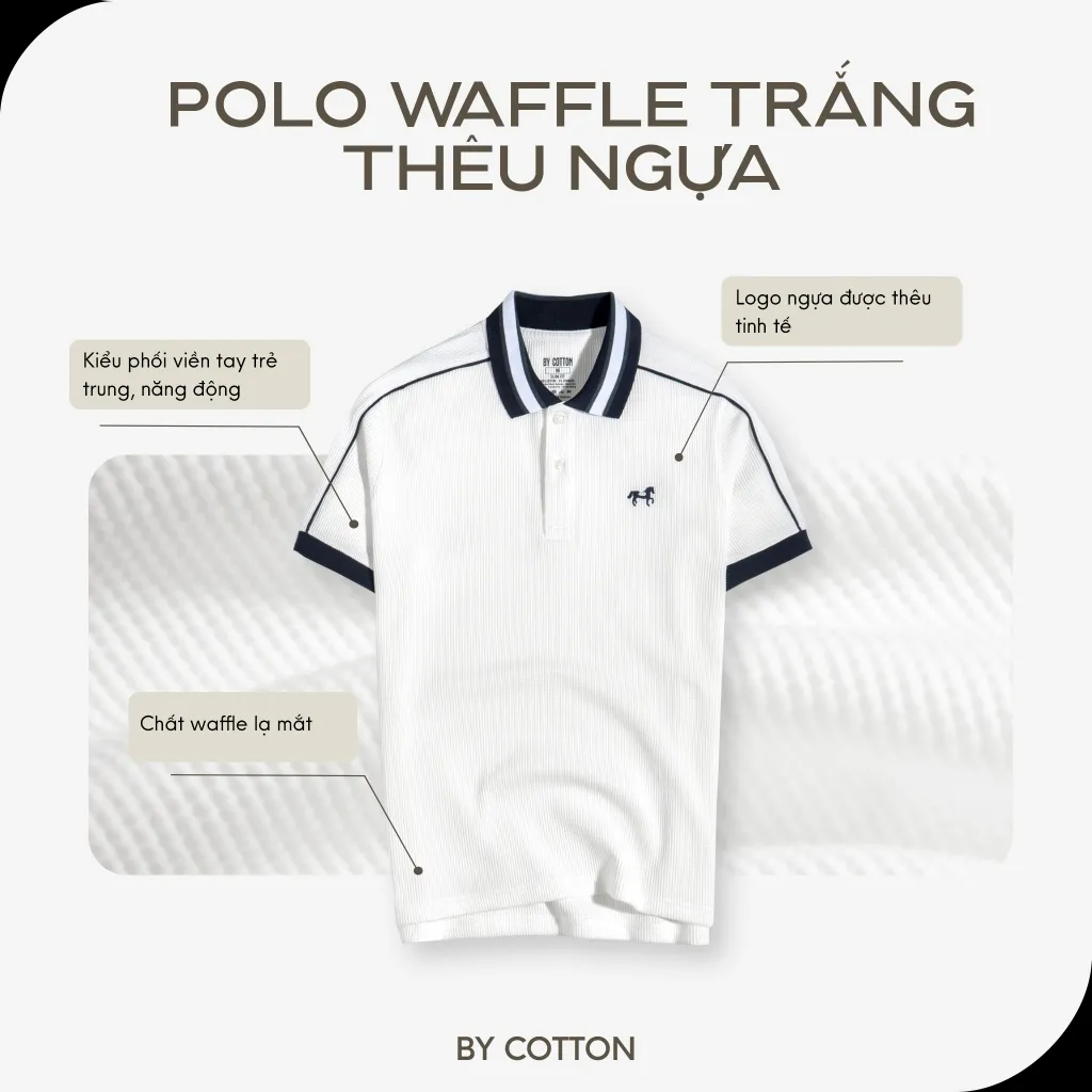 Ảnh Áo Thun Polo Nam Cao Cấp Waffle 2 Màu Trắng - Xanh Đen Thêu Ngựa BY COTTON 2