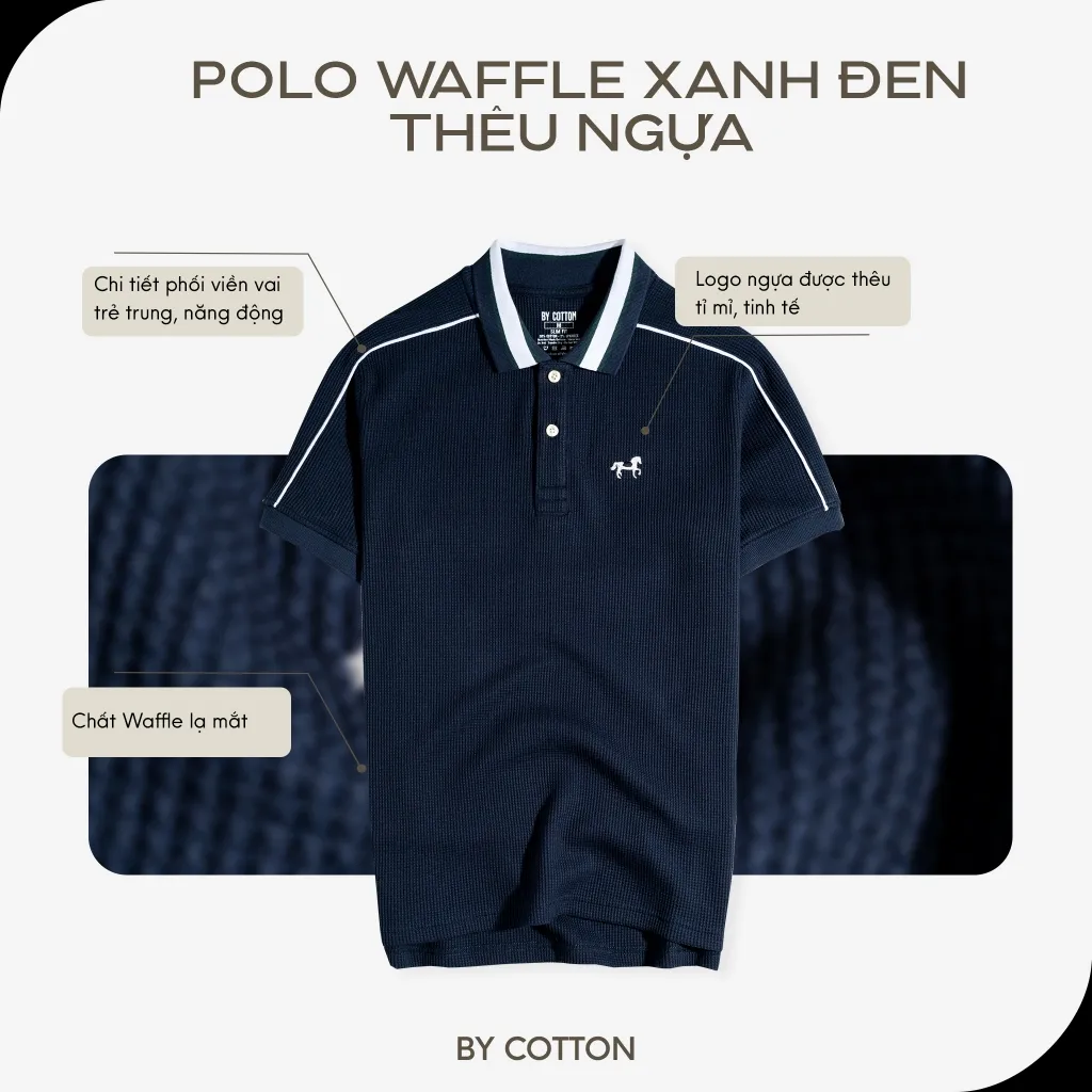 Ảnh Áo Thun Polo Nam Cao Cấp Waffle 2 Màu Trắng - Xanh Đen Thêu Ngựa BY COTTON 4