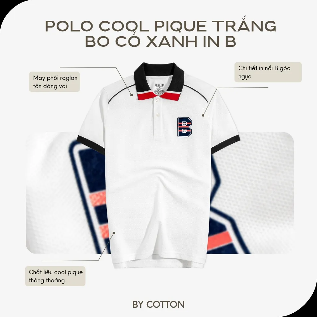 Ảnh Áo Thun Polo Nam Cao Cấp Cool Pique Trắng Bo Cổ Xanh In B By Cotton 1