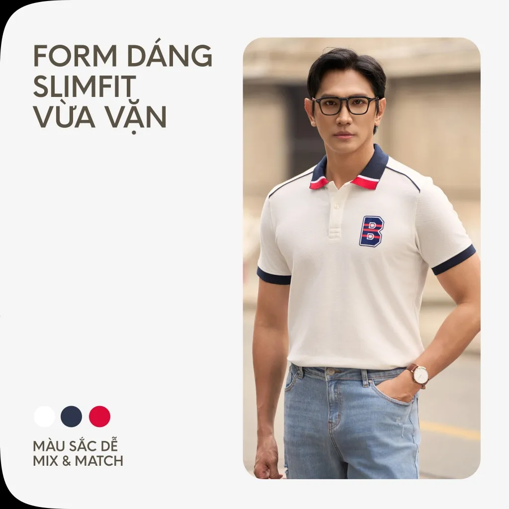 Ảnh Áo Thun Polo Nam Cao Cấp Cool Pique Trắng Bo Cổ Xanh In B By Cotton 3