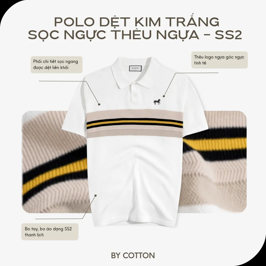 Ảnh Áo Thun Polo Nam Cao Cấp Dệt Kim Trắng - Xanh Đen Sọc Ngực Thêu Ngựa - SS2 By Cotton 2
