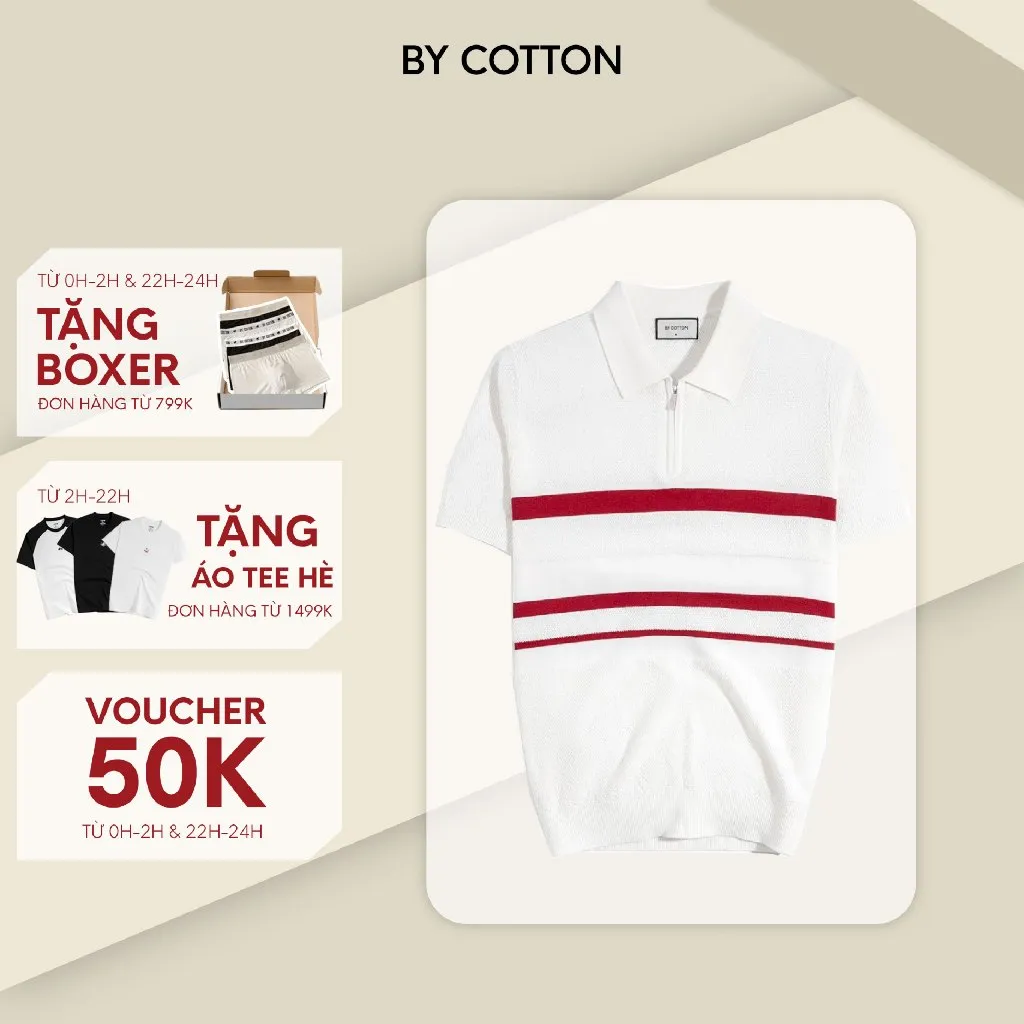 Ảnh Áo Thun Polo Nam Cao Cấp Dệt Kim Trắng Sọc Ngực Đỏ - SS2 By Cotton 1