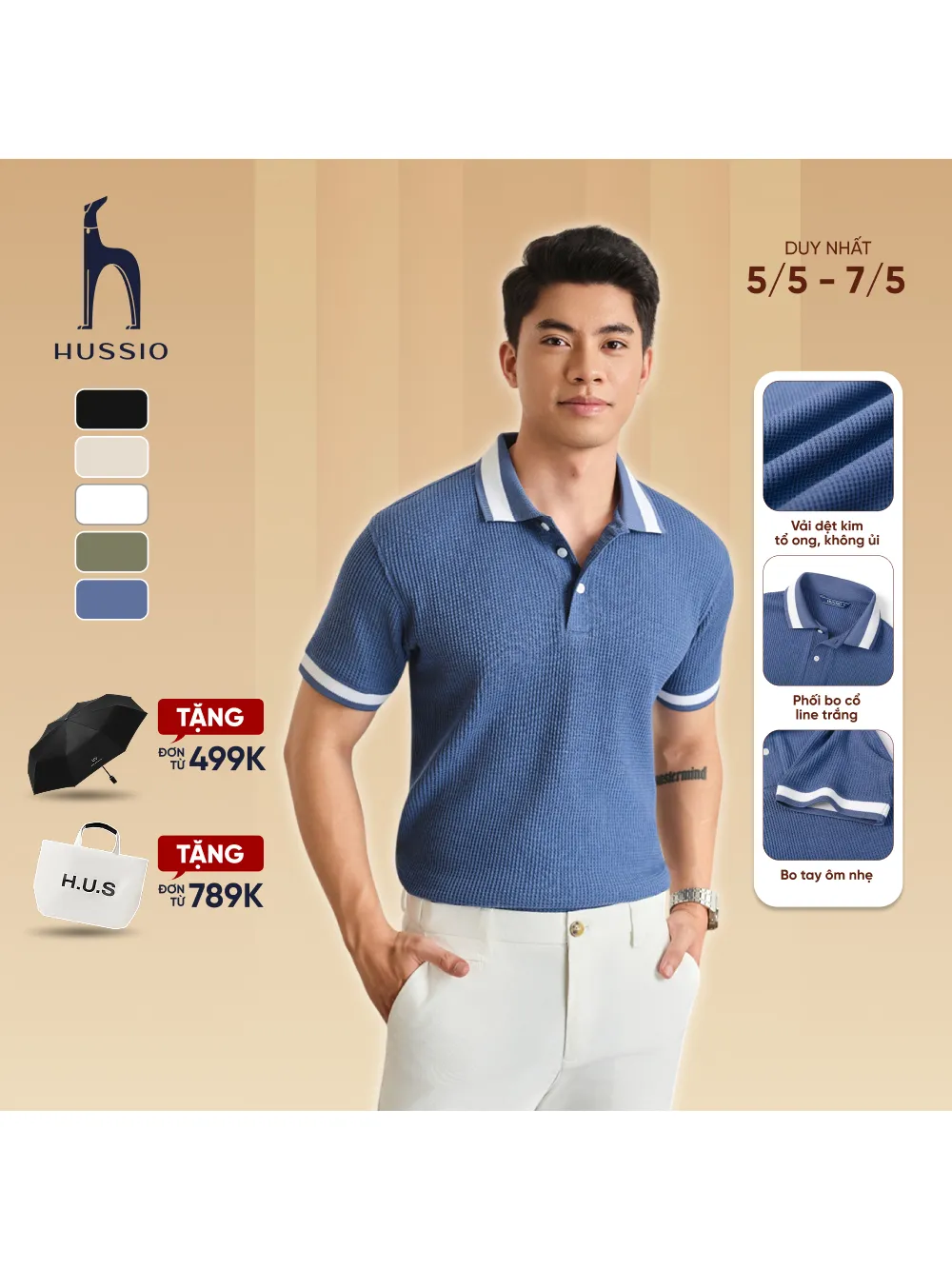 Ảnh Áo thun Polo nam PERU vải Tổ ong WAFFLE cao cấp, trẻ trung, thanh lịch, chuẩn form - HUSSIO 1