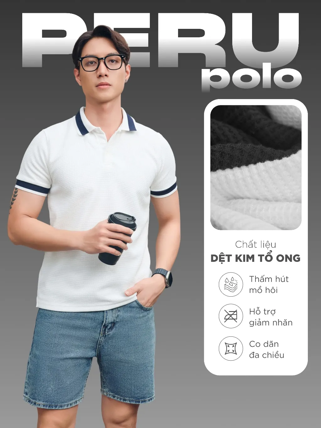 Ảnh Áo thun Polo nam PERU vải Tổ ong WAFFLE cao cấp, trẻ trung, thanh lịch, chuẩn form - HUSSIO 2