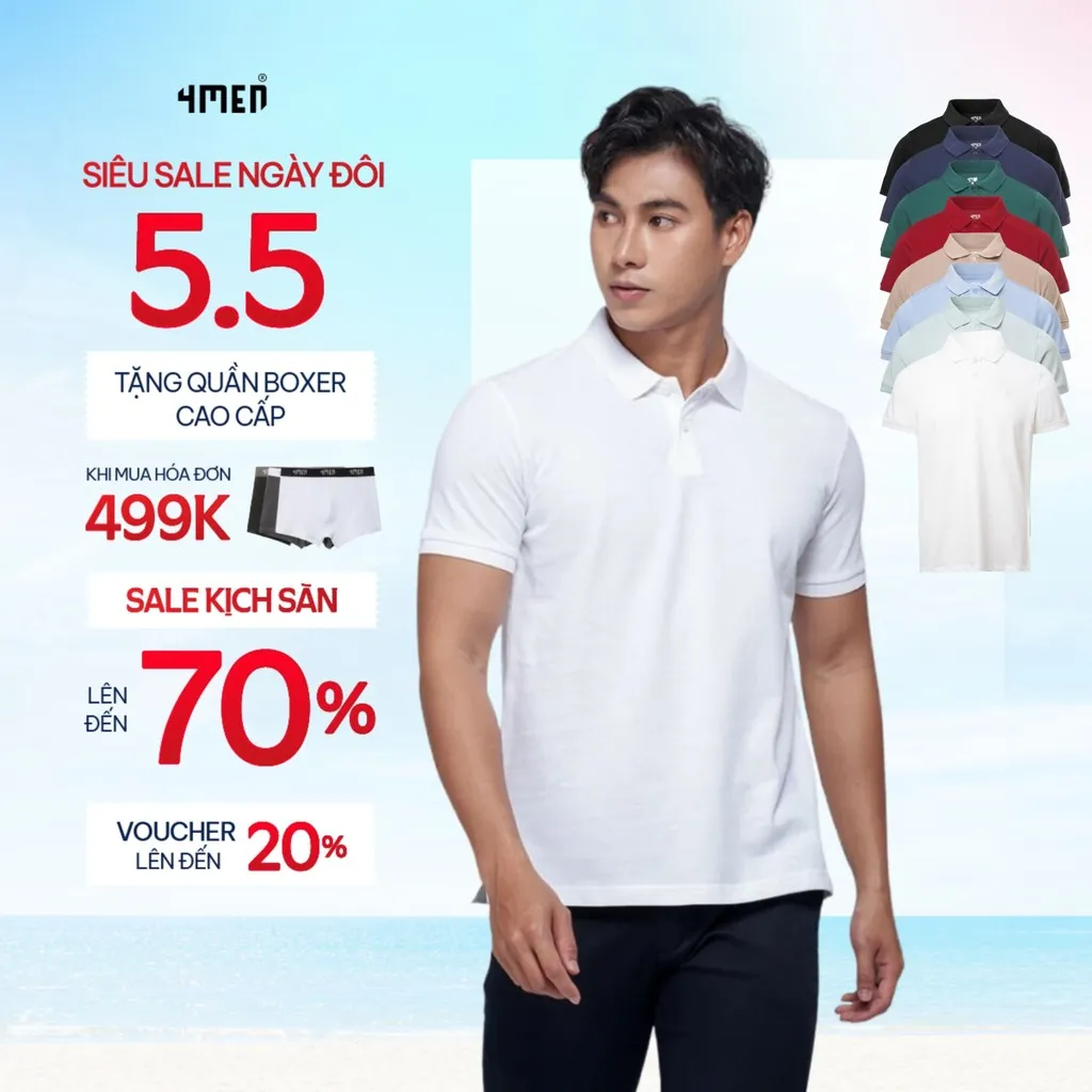 Ảnh Áo thun polo nam trơn 4MEN PO153 có cổ bẻ basic form slimfit ôm đẹp trẻ trung, vải cá sấu chống nhăn mềm mịn mát giá rẻ 1