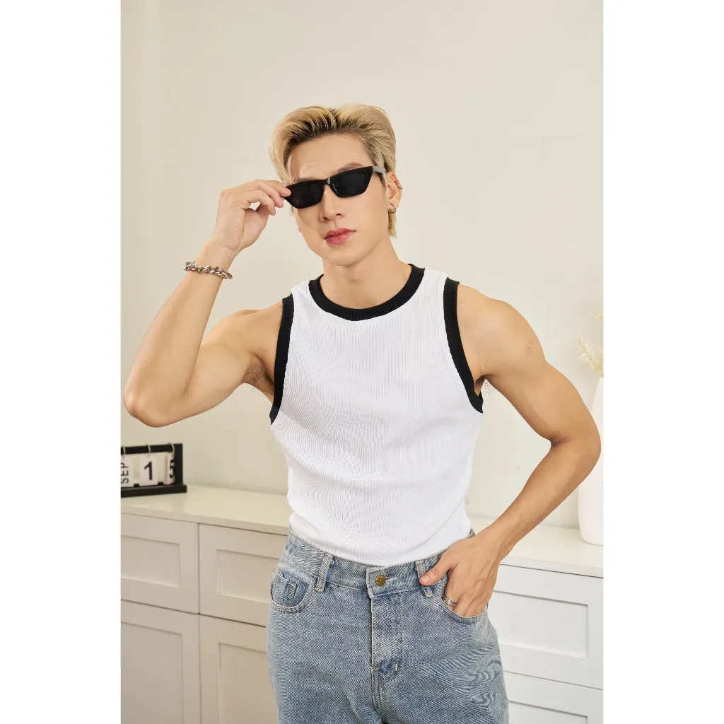 Ảnh Áo Thun Tanktop Ba Lỗ Phối Bo Khác Màu Trắng/Đen Thun Gân Form Body Thương Hiệu Mr Twins 3