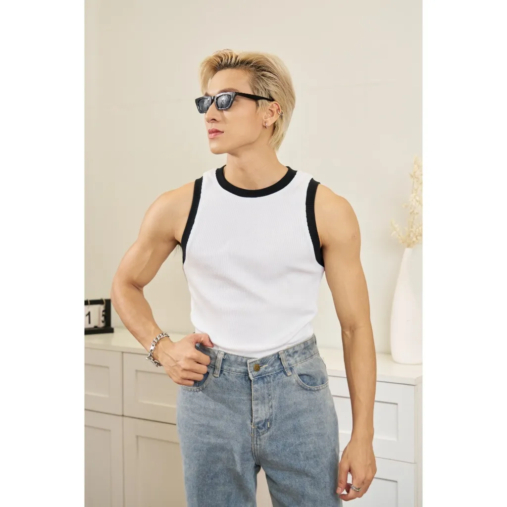 Ảnh Áo Thun Tanktop Ba Lỗ Phối Bo Khác Màu Trắng/Đen Thun Gân Form Body Thương Hiệu Mr Twins 4