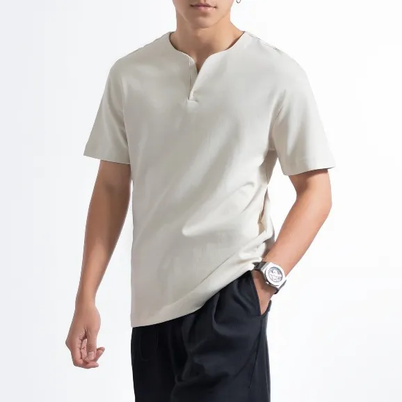 Ảnh Áo thun tay ngắn cổ tròn xẻ V nam nữ LADOS-19141 cotton interlock 250gsm dày dặn, đơn giản thanh lịch 2