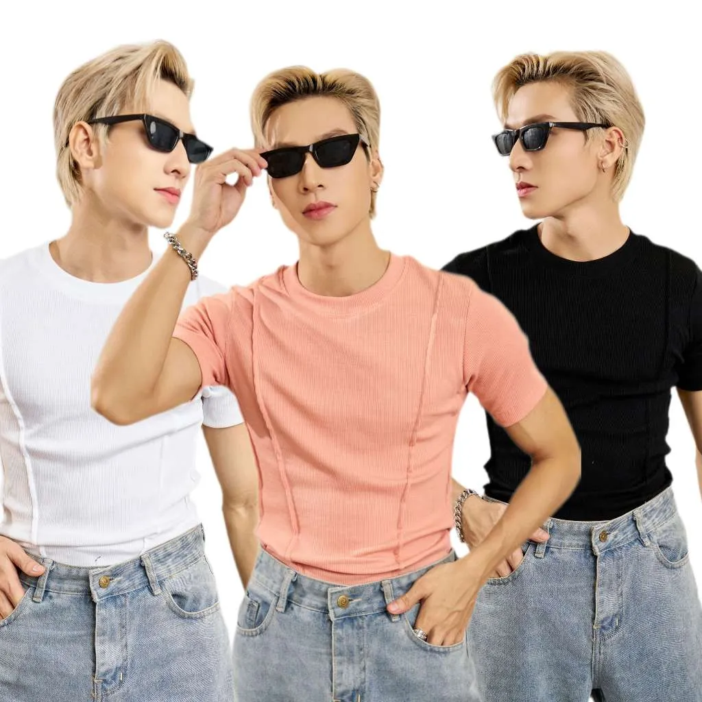 Ảnh Áo Thun Tay Ngắn Xếp Ly Cổ Tròn Thun Cotton Tăm Gân Form Body Thương Hiệu Mr Twins Menswear Top 1