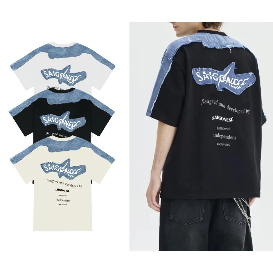 Ảnh Áo Thun Unisex SAIGONESE Vải Cotton Phối Jean Denim Hoạ Tiết Shuriken Form Rộng Unisex Nam Nữ 3 Màu 1