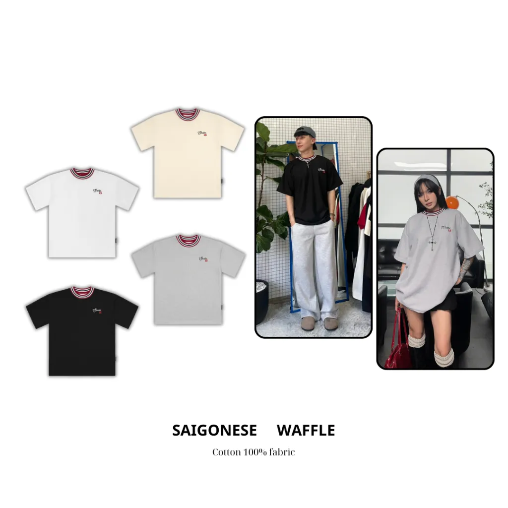 Ảnh Áo Thun Waffle SAIGONESE Chất Thun Tổ Ong Phối Cổ Sọc Unisex Nam Nữ Form Rộng 3 Màu 1
