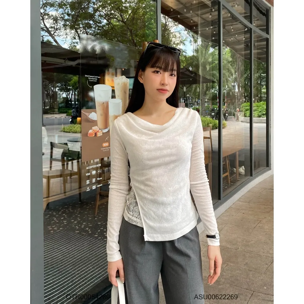 Ảnh Áo Trễ Vai Tay Dài VM STYLE  Vạt Chéo Lót Ren Hoa Chất Liệu Vải Thun Giấy Sang Trọng ASU00622 4