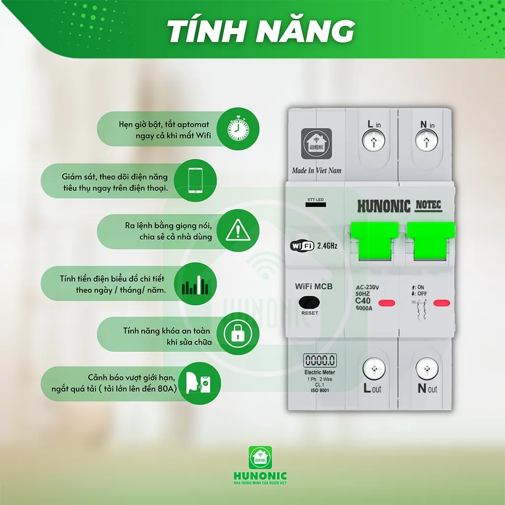 Ảnh Aptomat Đo Năng Lượng Thông Minh HUNONIC Notec, Theo Dõi Điều Khiển Từ Xa Qua Điện Thoại - HNATME 2