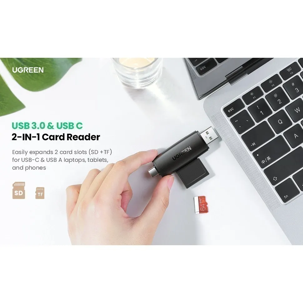 Ảnh Đầu đọc thẻ nhớ SD/TF 2 trong 1 UGREEN 80191 USB-A & Type-C ​- Hàng chính hãng 3