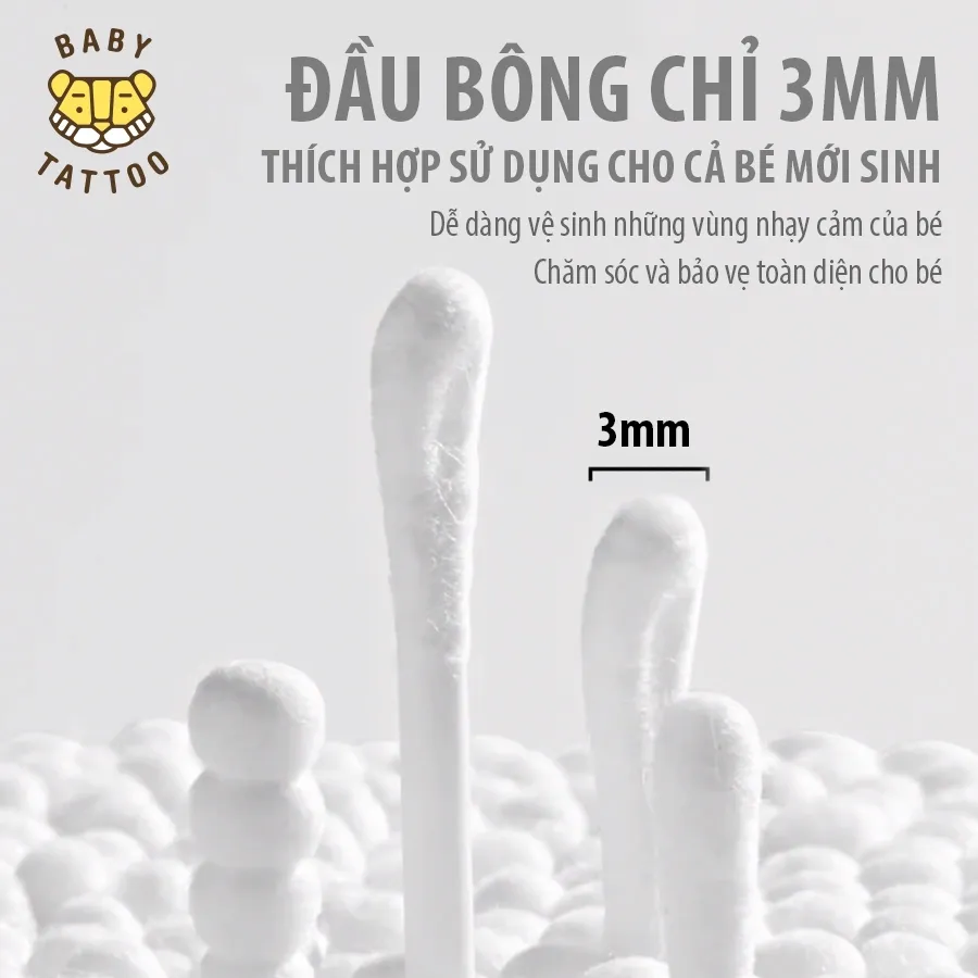 Ảnh BABY TATTOO Bông Tăm Vệ Sinh Tai Chuyên Dụng Cho Bé, Thiết Kế 2 Đầu Tiện Lợi, Hộp 200 Cây 4