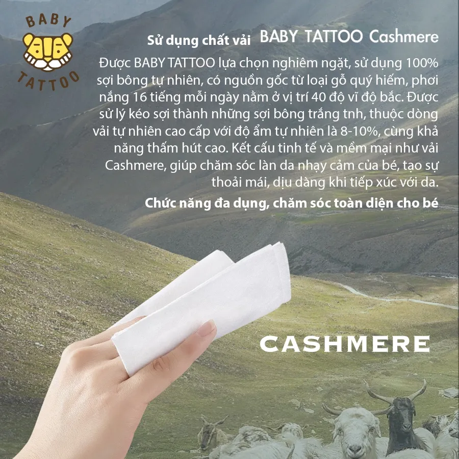 Ảnh BABY TATTOO Khăn Giấy Bông Khô Cao Cấp Cho Bé Chất Vải CASHMERE, Đa Năng Sử Dụng Khô Hoặc Ướt 1