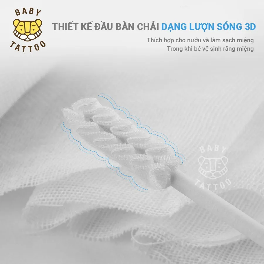 Ảnh BABY TATTOO Que Rơ Làm Sạch Lưỡi, Đầu 3D Lượn Sóng Cho Bé, hộp 15 que 3