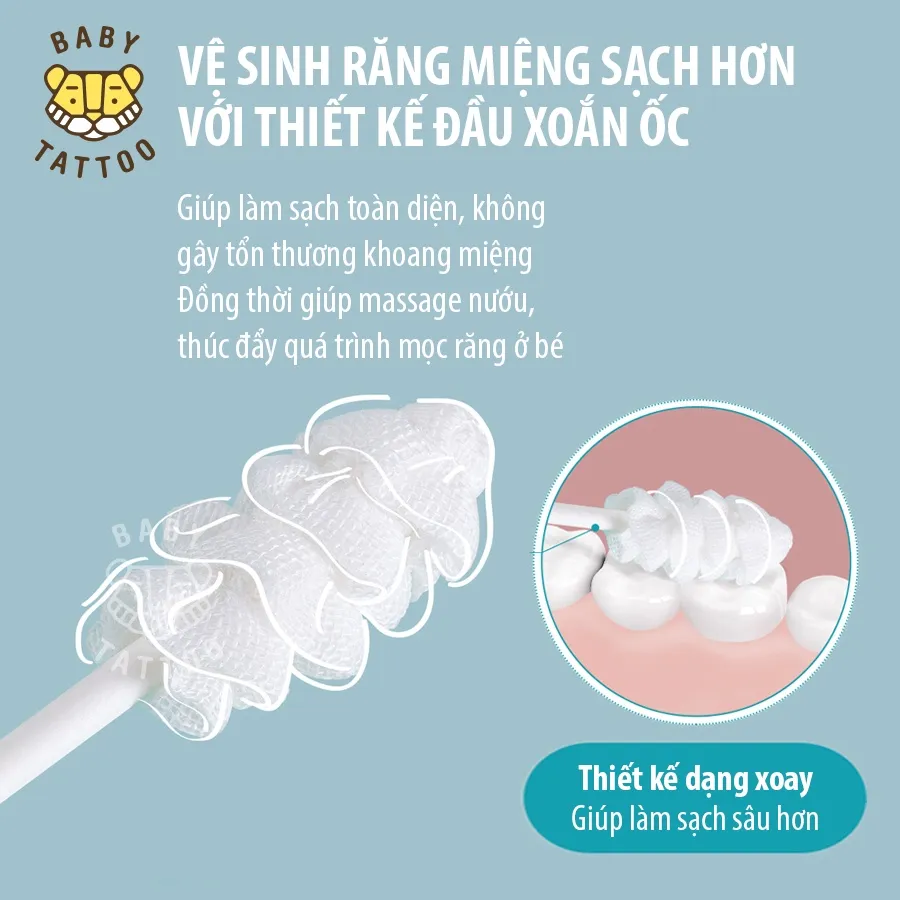 Ảnh BABY TATTOO Que Rơ Làm Sạch Răng Miệng Đầu Xoắn Ốc Xoay 360 Độ, Chuyên Dụng Cho Bé 0-2 Tuổi 3