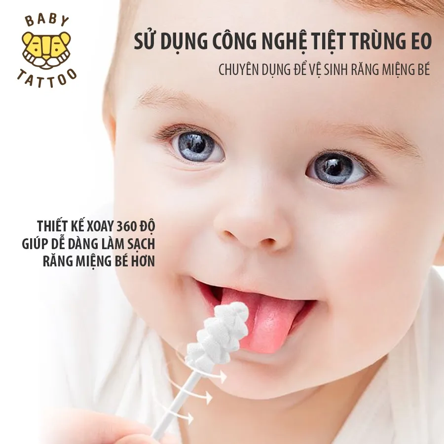 Ảnh BABY TATTOO Que Rơ Làm Sạch Răng Miệng Đầu Xoắn Ốc Xoay 360 Độ, Chuyên Dụng Cho Bé 0-2 Tuổi 4
