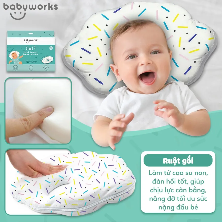 Ảnh Babyworks Gối chống bẹt đầu cho bé chất liệu cao su non mềm mại và đàn hồi 3