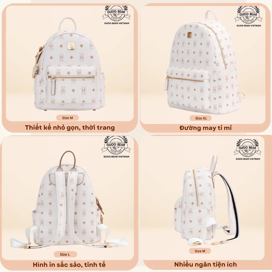 Ảnh Balo da GUOO BEAR chính hãng - GU8020 GU8021 GU8022 GU1173 màu trắng kèm charm 3