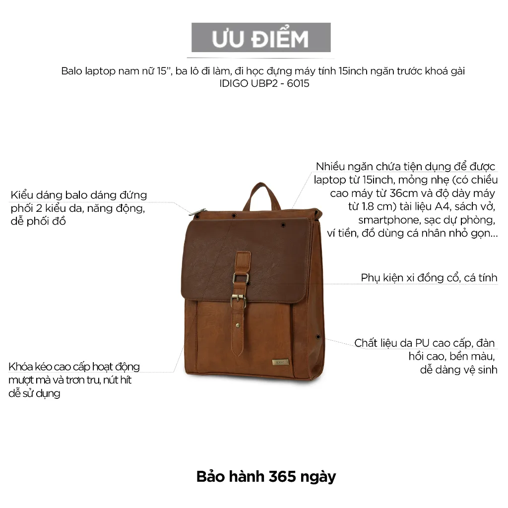 Ảnh Balo Da Nam Nữ Đựng Laptop Thời Trang Ngăn Trước Khoá Gài IDIGO UBP2 - 6015, Balo Công Sở Cao Cấp 4