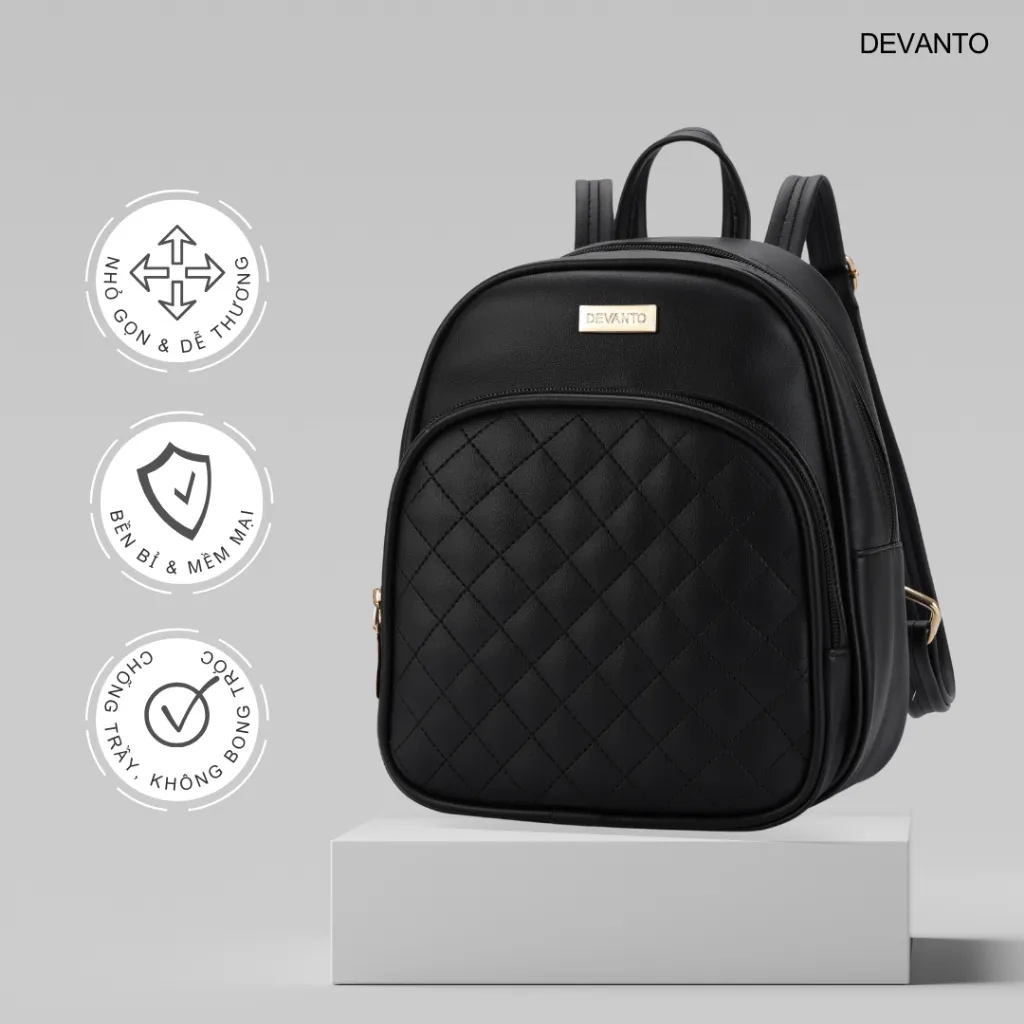 Ảnh Balo nữ đi chơi, ba lô da công sở hoạ tiết chần trám ngăn trước DEVANTO FB2 - 3512D 1