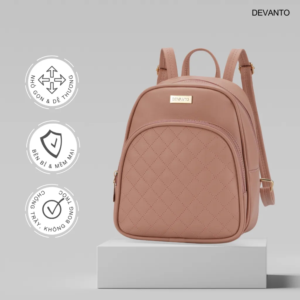 Ảnh Balo nữ đi chơi, ba lô da công sở hoạ tiết chần trám ngăn trước DEVANTO FB2 - 3512D 2