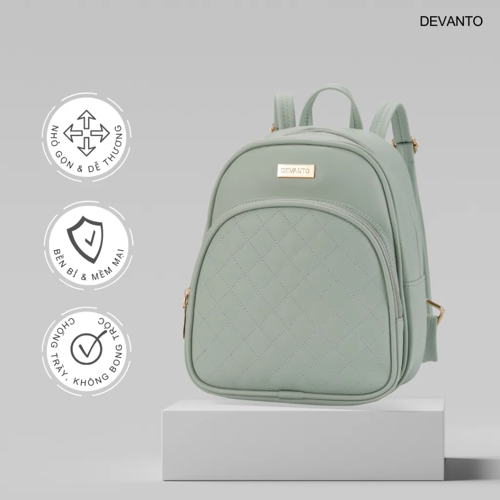 Ảnh Balo nữ đi chơi, ba lô da công sở hoạ tiết chần trám ngăn trước DEVANTO FB2 - 3512D 3