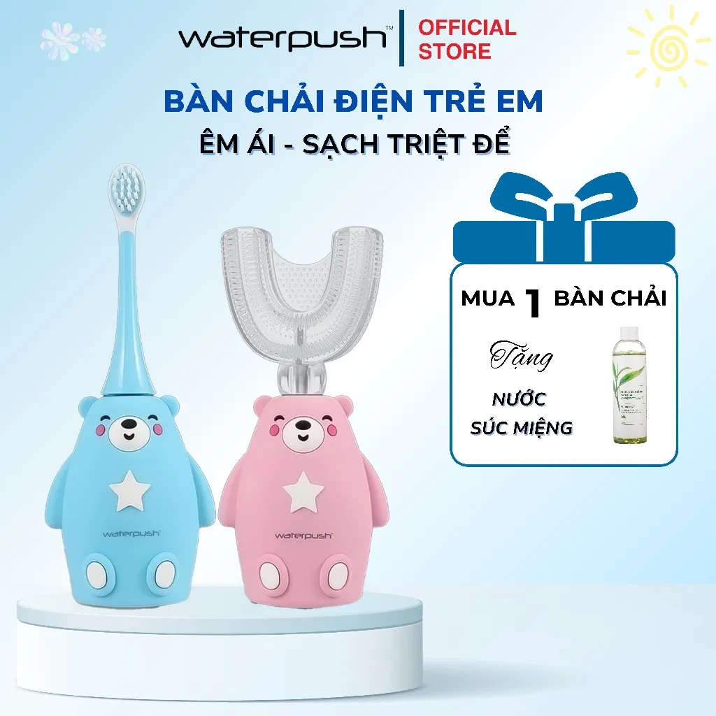 Ảnh Bàn chải điện trẻ em cao cấp WaterPush đầu chữ U siêu mềm và đầu bàn chải siêu mảnh giúp bé làm sạch 1