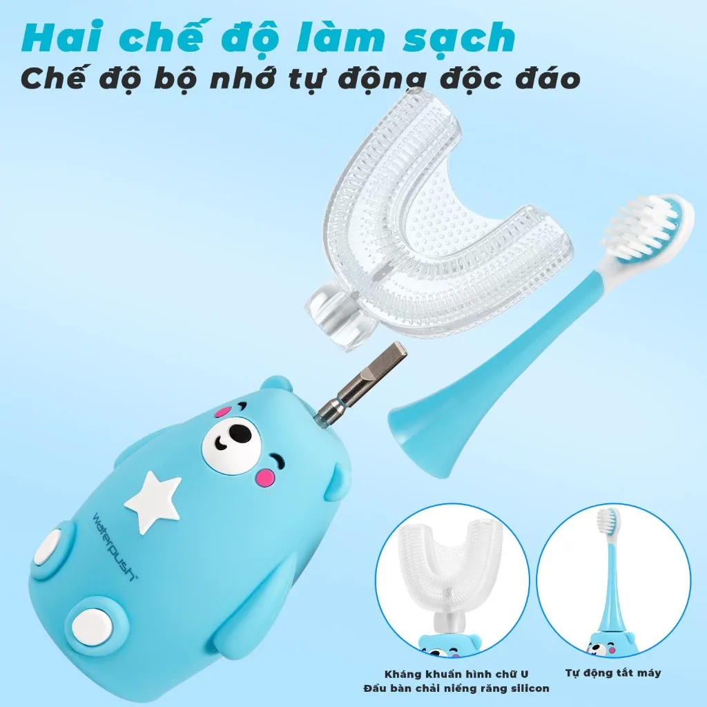 Ảnh Bàn chải điện trẻ em cao cấp WaterPush đầu chữ U siêu mềm và đầu bàn chải siêu mảnh giúp bé làm sạch 4